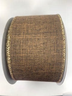 A spool of brown, textured polyester ribbon with a metallic gold stitched edge.