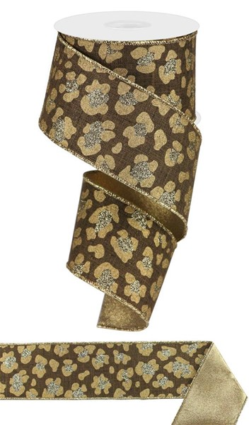 2.5-inch wide brown polyester ribbon featuring a gold glitter leopard print pattern.