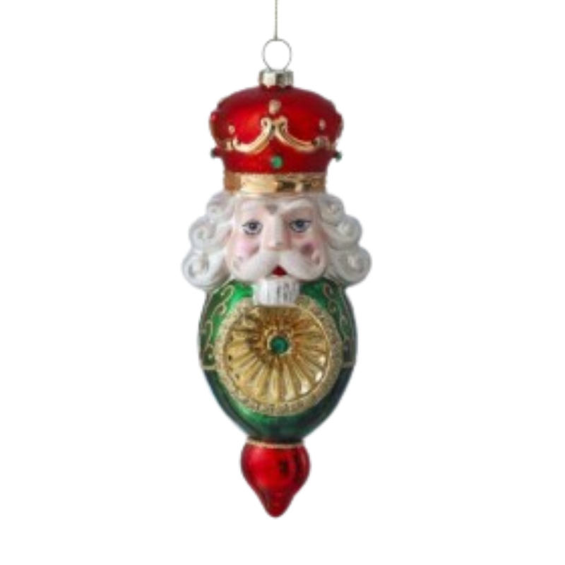 7-inch glass soldier nutcracker ornament with a red crown, white hair, and green reflector body.