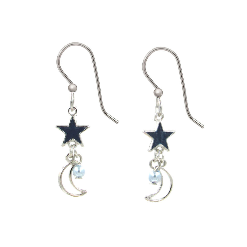 Silver-tone drop earrings featuring a dark star, crescent moon, and a light blue pearlescent bead.