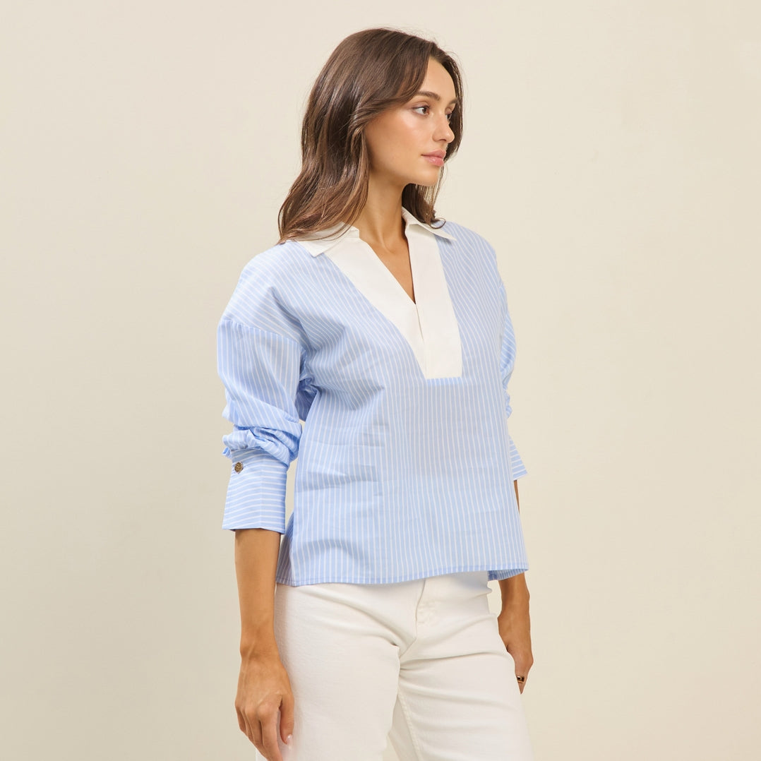 Shanie Colorblock Pinstripe Blouse with long sleeves, spread collar, and V-neck in a pinstripe pattern.