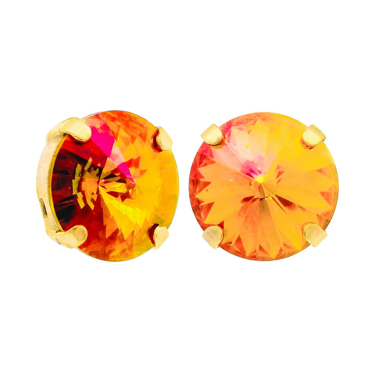 Antique gold-plated stud earring with a large round crystal on surgical steel post
