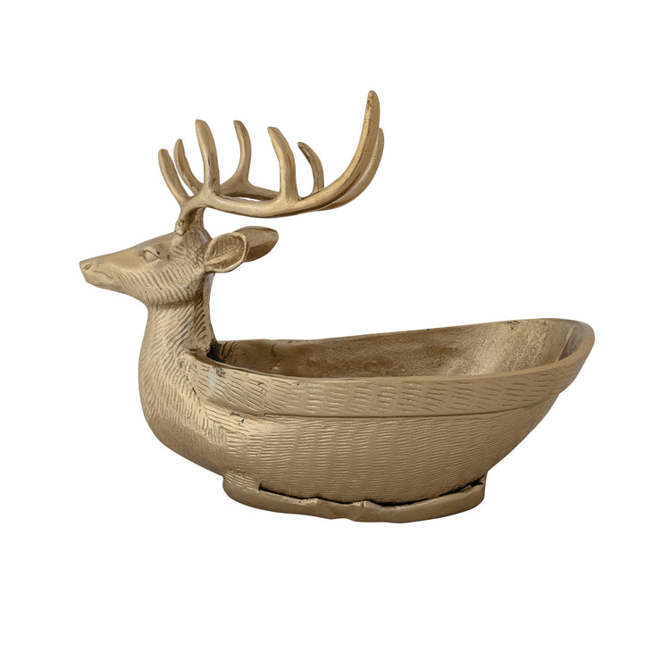 Gold cast aluminum reindeer-shaped bowl and bottle holder with detailed antlers.