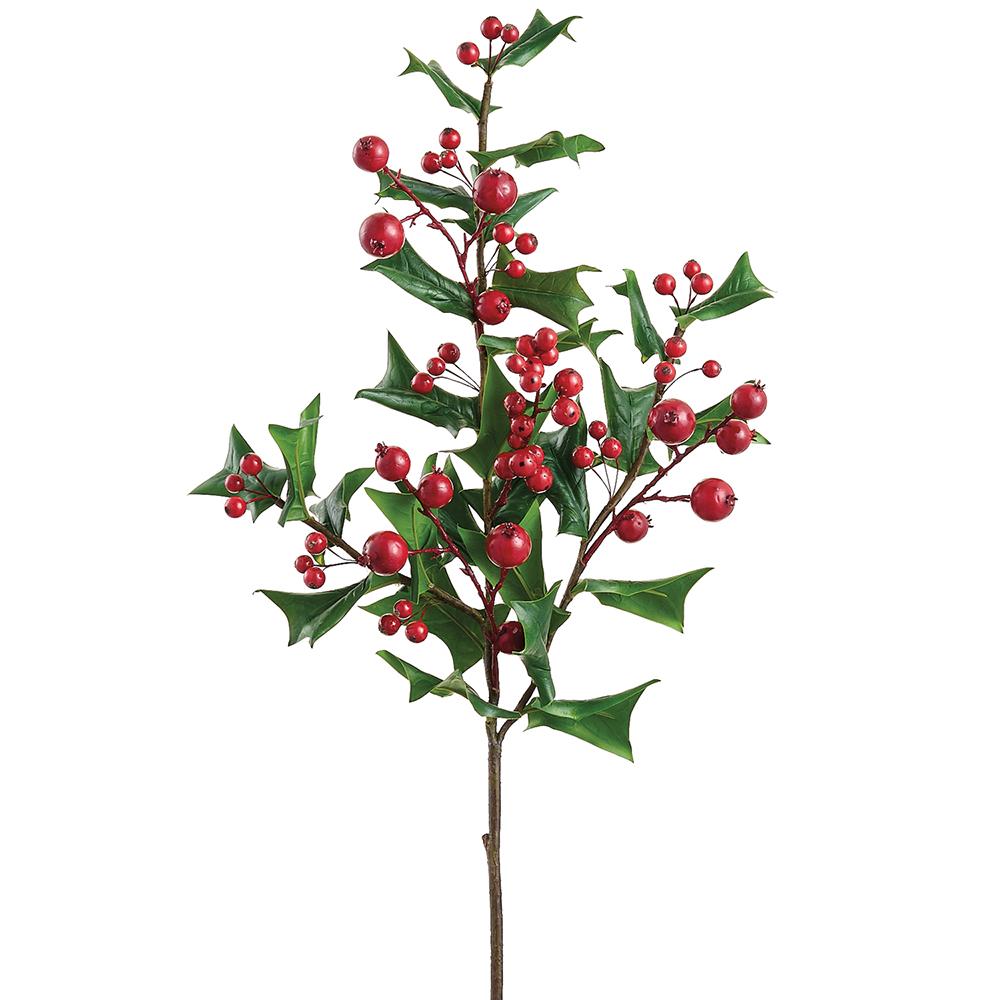 30-inch artificial holly spray with green leaves and clusters of bright red berries.