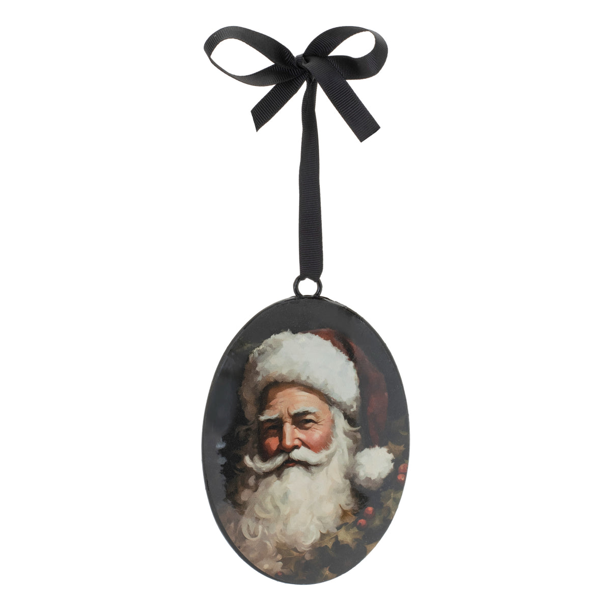 6.5-inch oval iron Santa disc ornament with a vintage portrait and black ribbon bow.