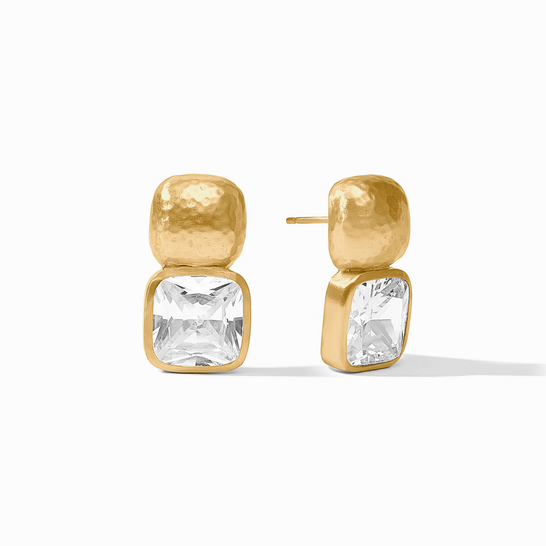 Catalina Earrings featuring faceted cushion-cut glass stones and hammered 24K gold-plated squares.