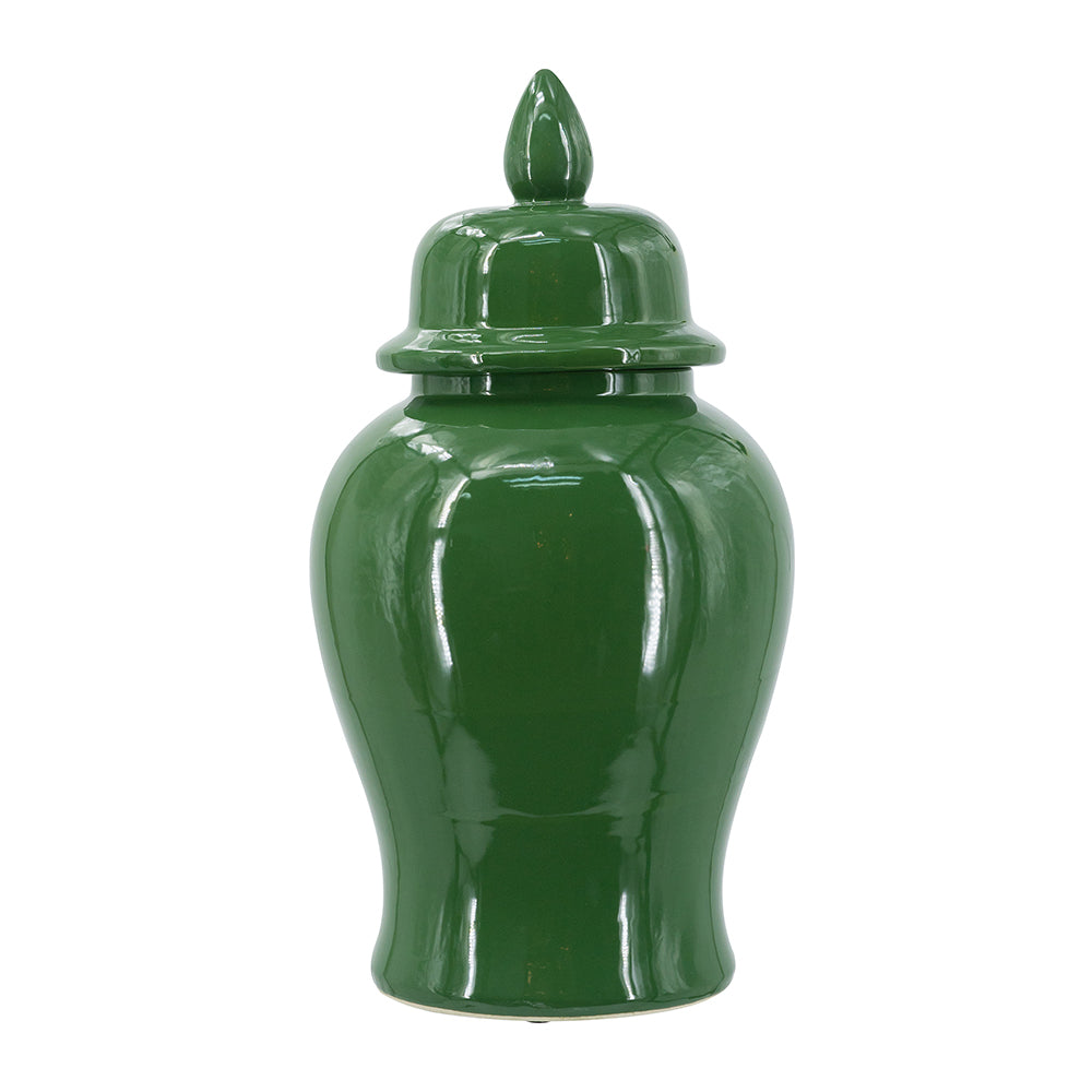 Ceramic ginger jar with glossy green finish and finial lid