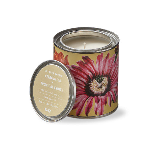 Citronella and Tropical Fruits soy wax candle in a floral metal tin with a lid.