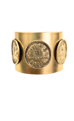 Gold Triple Monroe Cuff bracelet featuring three vintage Chanel 31 Rue Cambon Paris coin pendants.