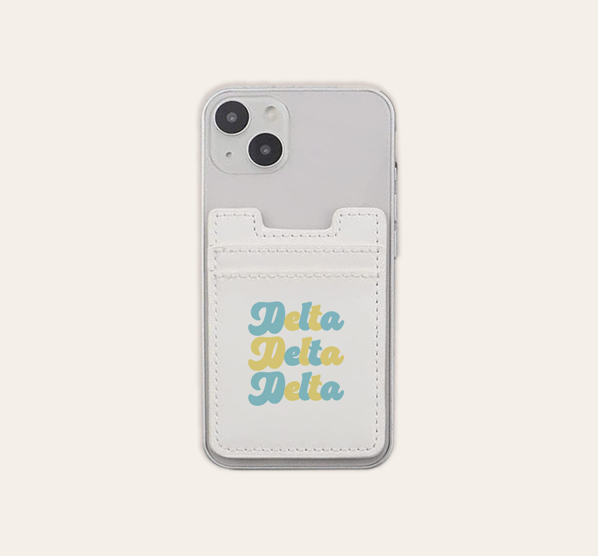 Sorority stick-on phone wallet in pink with Greek letter pattern.