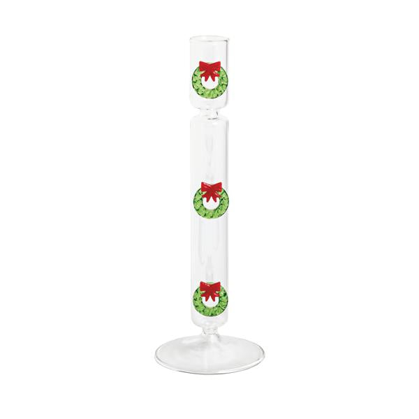 Glass taper candlestick holder with dimensional icon exterior