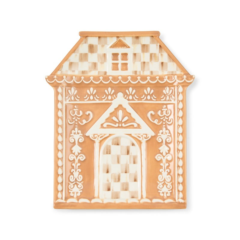 Mocha Check Gingerbread Salad Plate shaped like a house with white icing-style patterns.