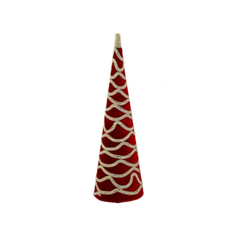 Red velvet cone tree with wavy silver jewel embellishments on a white background.
