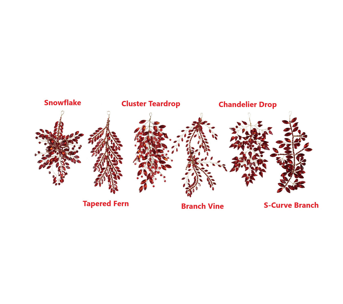 Six red acrylic and wire jeweled ornaments in snowflake, fern, teardrop, vine, and branch styles.