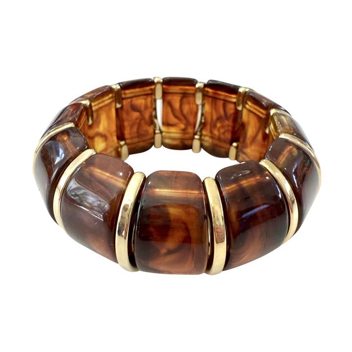 Neva stretch bracelet featuring brown marbled acrylic stones and 18k gold-plated spacers.
