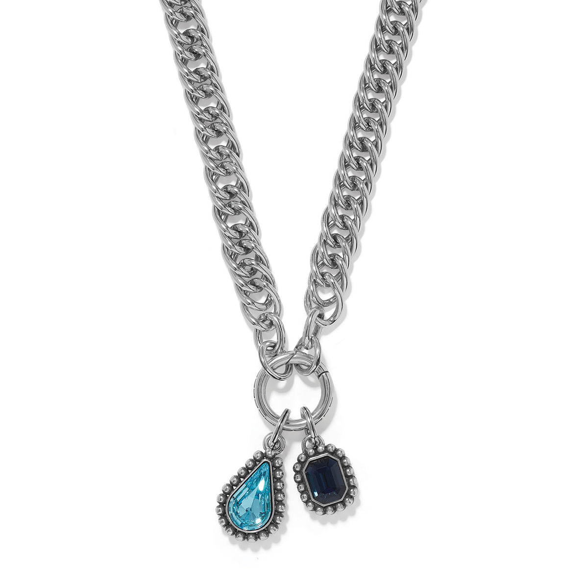Twinkle Luxe Charm Link Necklace with silver chain and two blue crystal pendants.