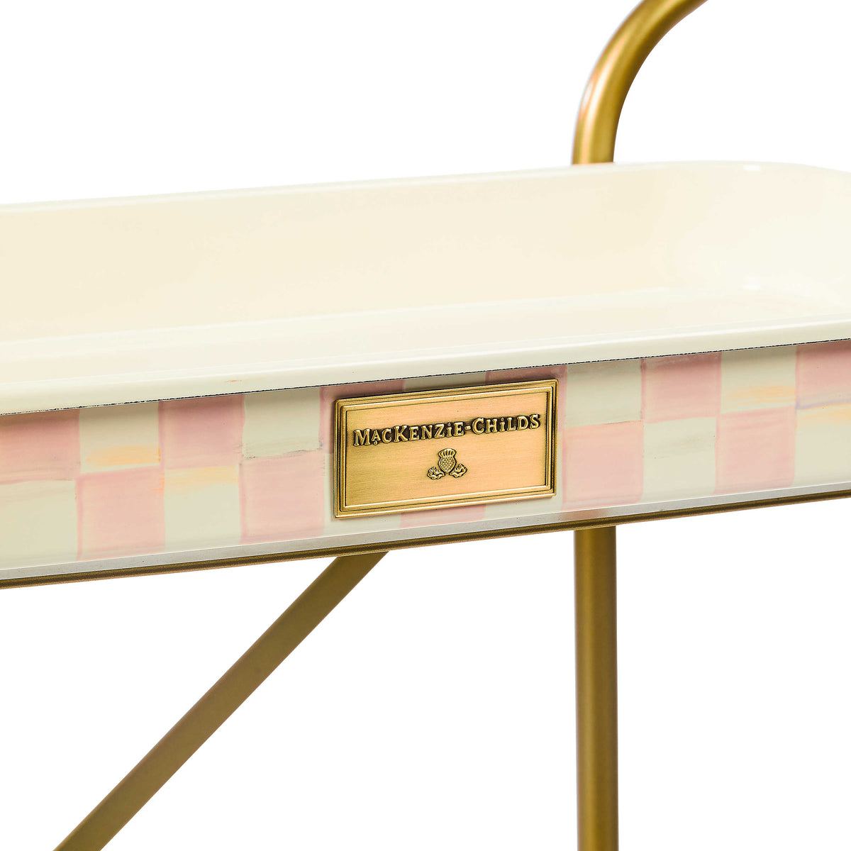 Two-tier kitchen cart with steel frame featuring hand-painted Rosy Check pattern on trays.
