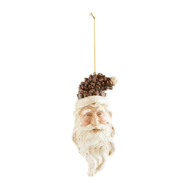Polystone Santa head ornament with a pinecone hat and white beard, hanging from a gold string.