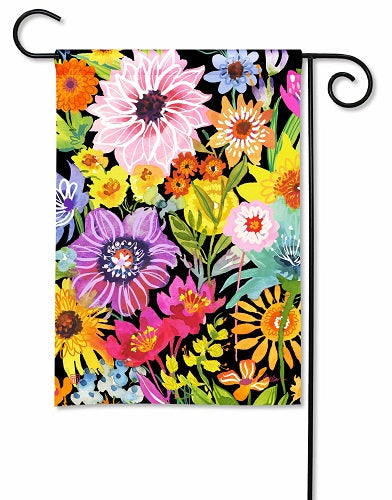Garden flag with a vibrant watercolor floral pattern on a black background.