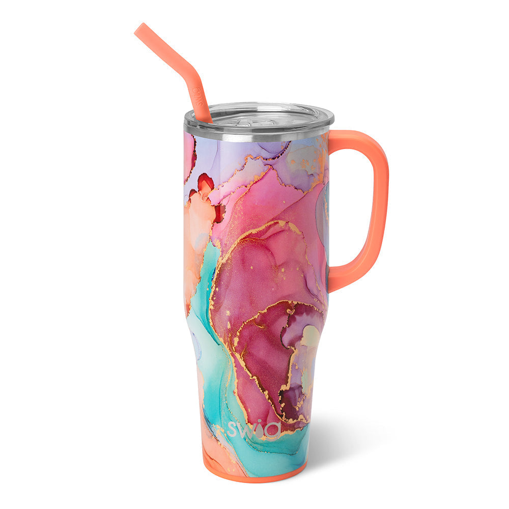 40oz Mega Mug in black with copper accents, featuring a comfort-grip handle and flexi-tip straw.