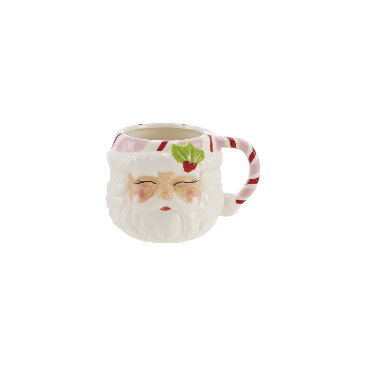 12 oz. hand-painted ceramic Santa head shaped mug with candy cane striped handle.