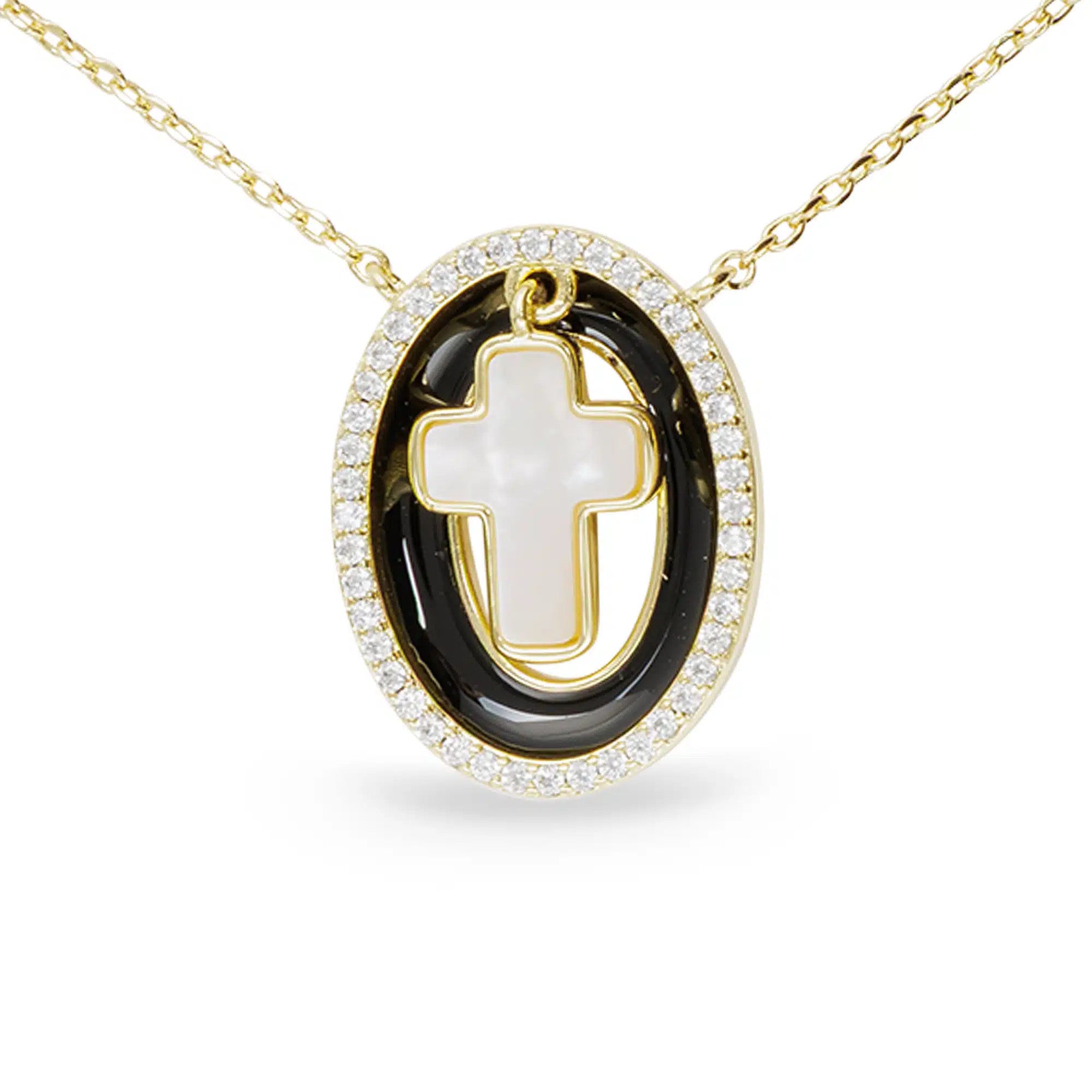 Gold necklace with a black-framed oval pendant featuring a mother of pearl cross and CZ accents.