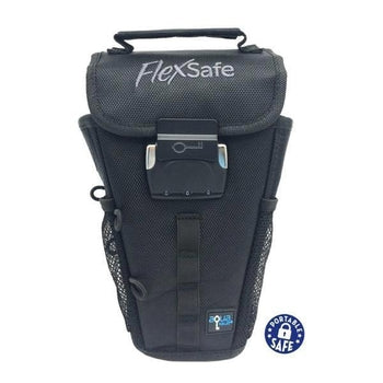 Portable travel safe with a sleek black exterior featuring silver latches and a compact foldable silhouette.