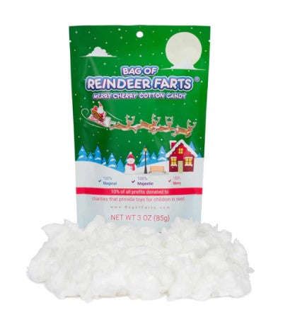 Bag of Reindeer Farts Merry Cherry Cotton Candy with a pile of white cotton candy.