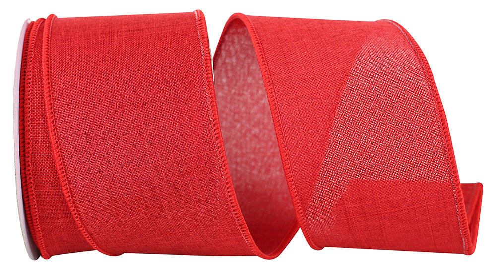 Red linen-look wired edge ribbon, 2.5 inches wide, on a spool.
