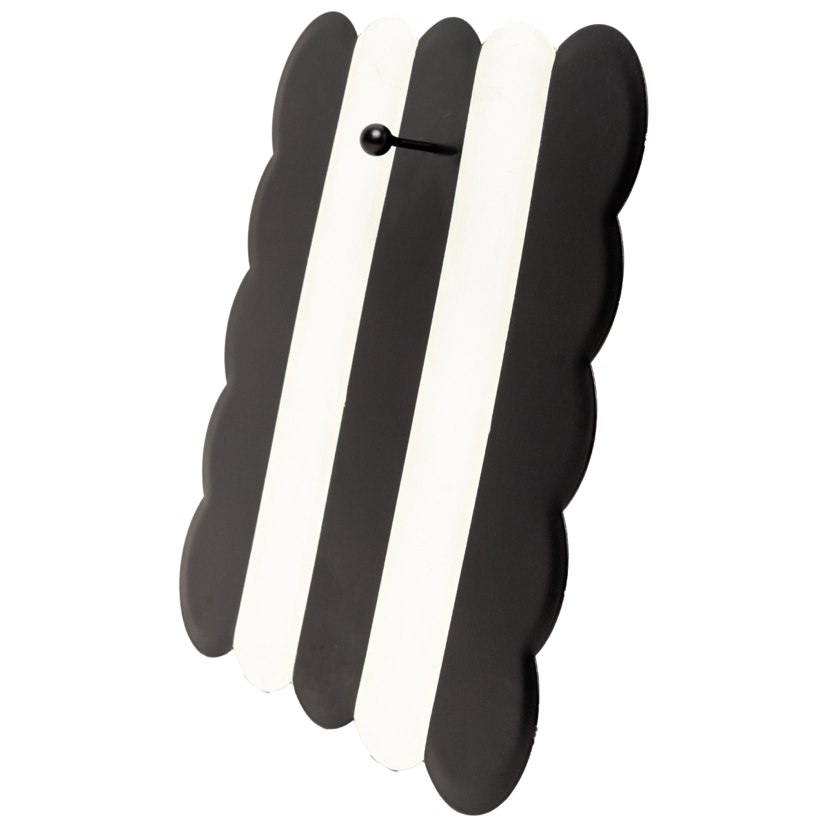Black scallop-shaped display board with cream accents on a white background.