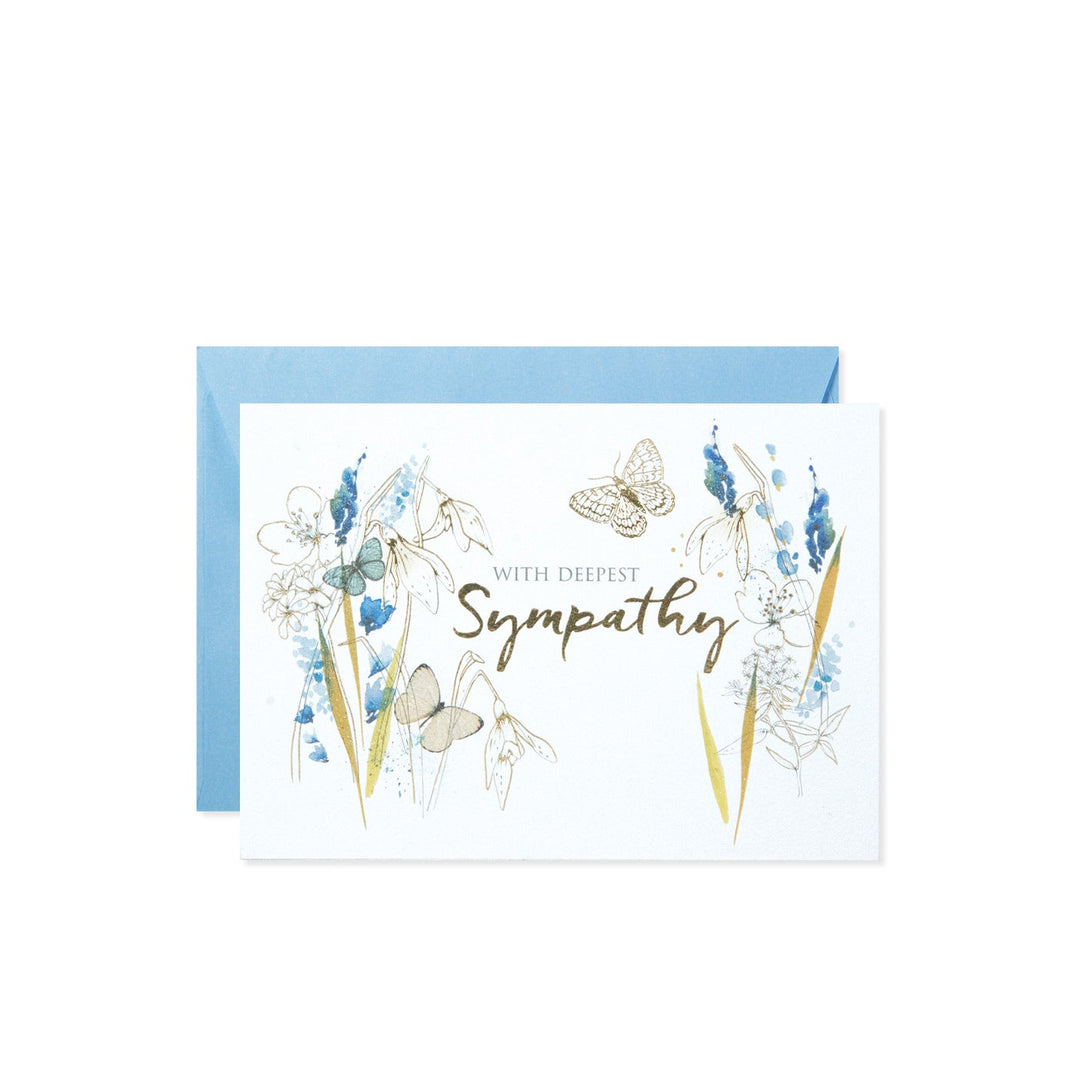 Blue floral card with butterfly motif featuring heartfelt message inside.