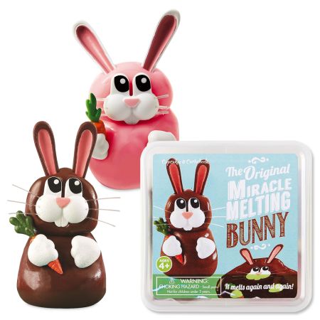 Pink and brown chocolate melting bunny figures, one holding a carrot, with packaging for 'The Original Miracle Melting Bunny'.