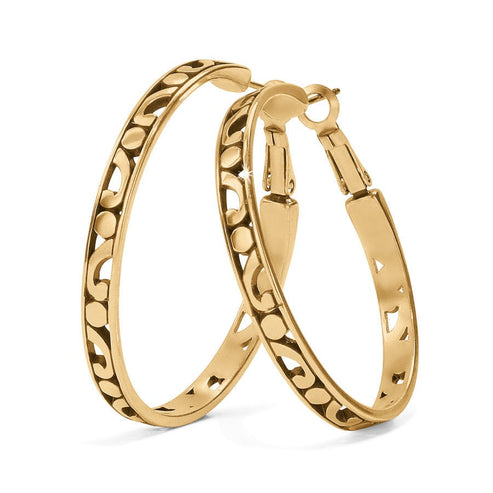 Gold-plated Contempo Large Hoop Earrings with intricate scrollwork cutouts and lever back closures.