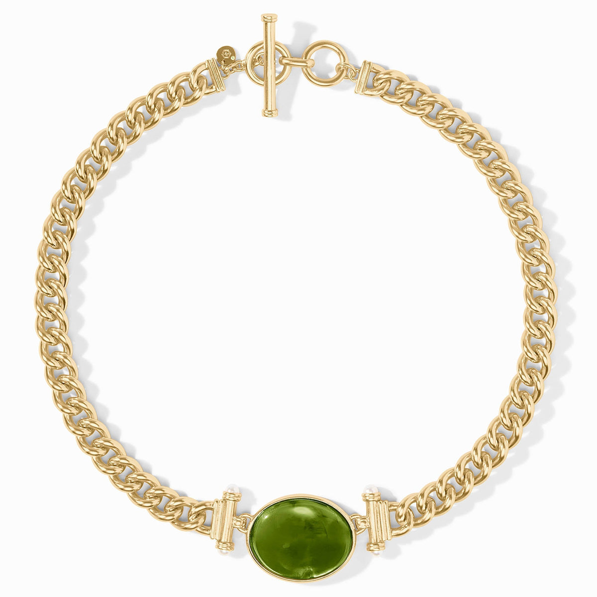 Dolce Statement Necklace in 24K gold plate with a large green glass stone and toggle closure.