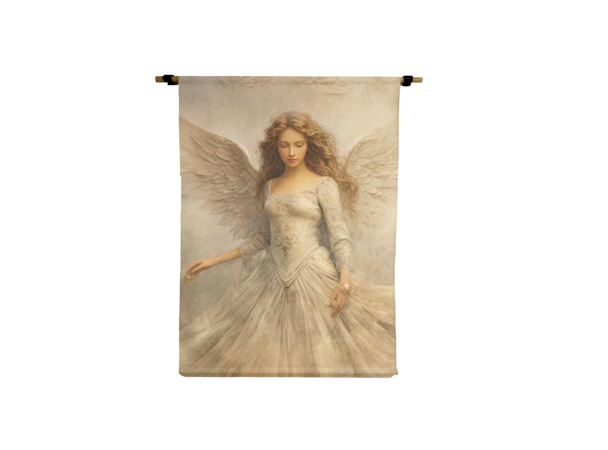 Left Angel Canvas Scroll featuring a woman with wings in a white dress on a hanging wooden rod.