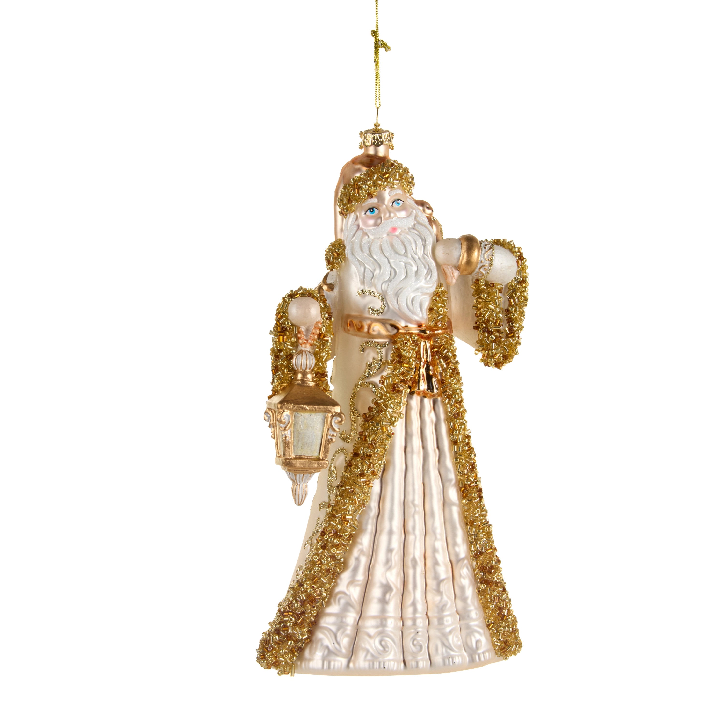8-inch ivory and gold Santa Claus Christmas ornament holding a lantern and a sack of gifts.