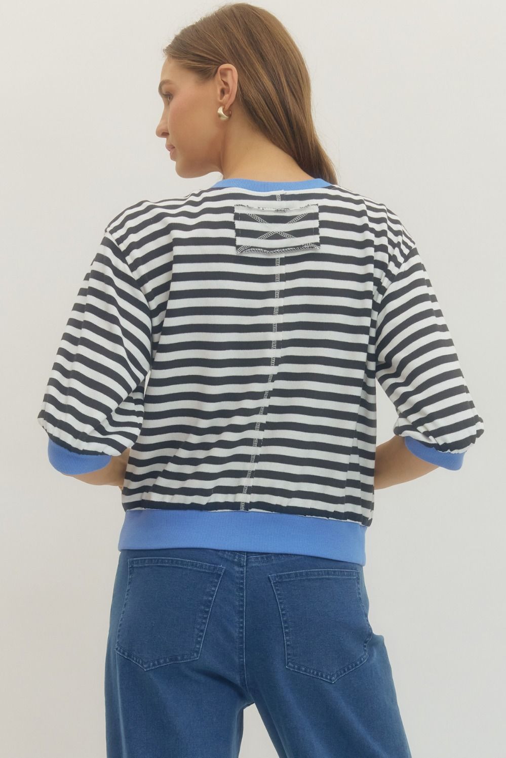 Sandra striped half-sleeve knit top in a cotton-polyester blend with a relaxed silhouette.