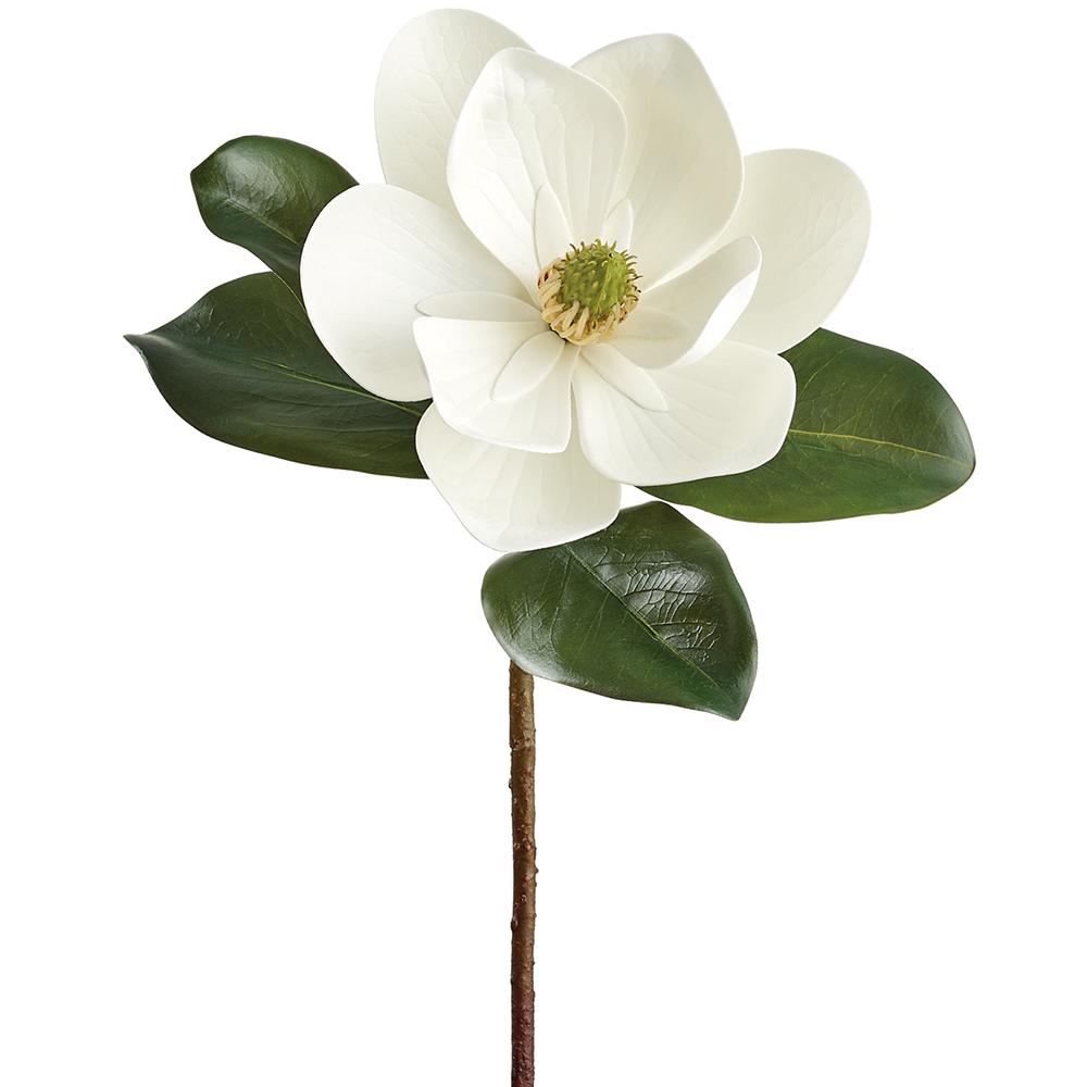 18-inch white magnolia spray with a large white bloom, green leaves, and a brown stem.