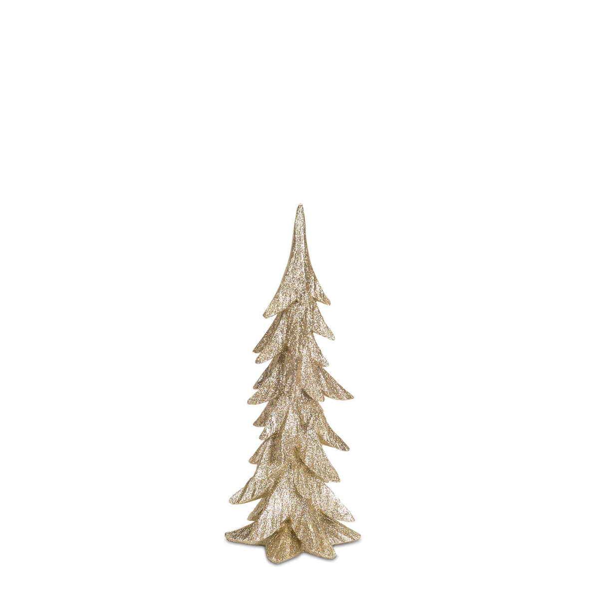 A single decorative gold glitter Christmas tree figurine on a white background.