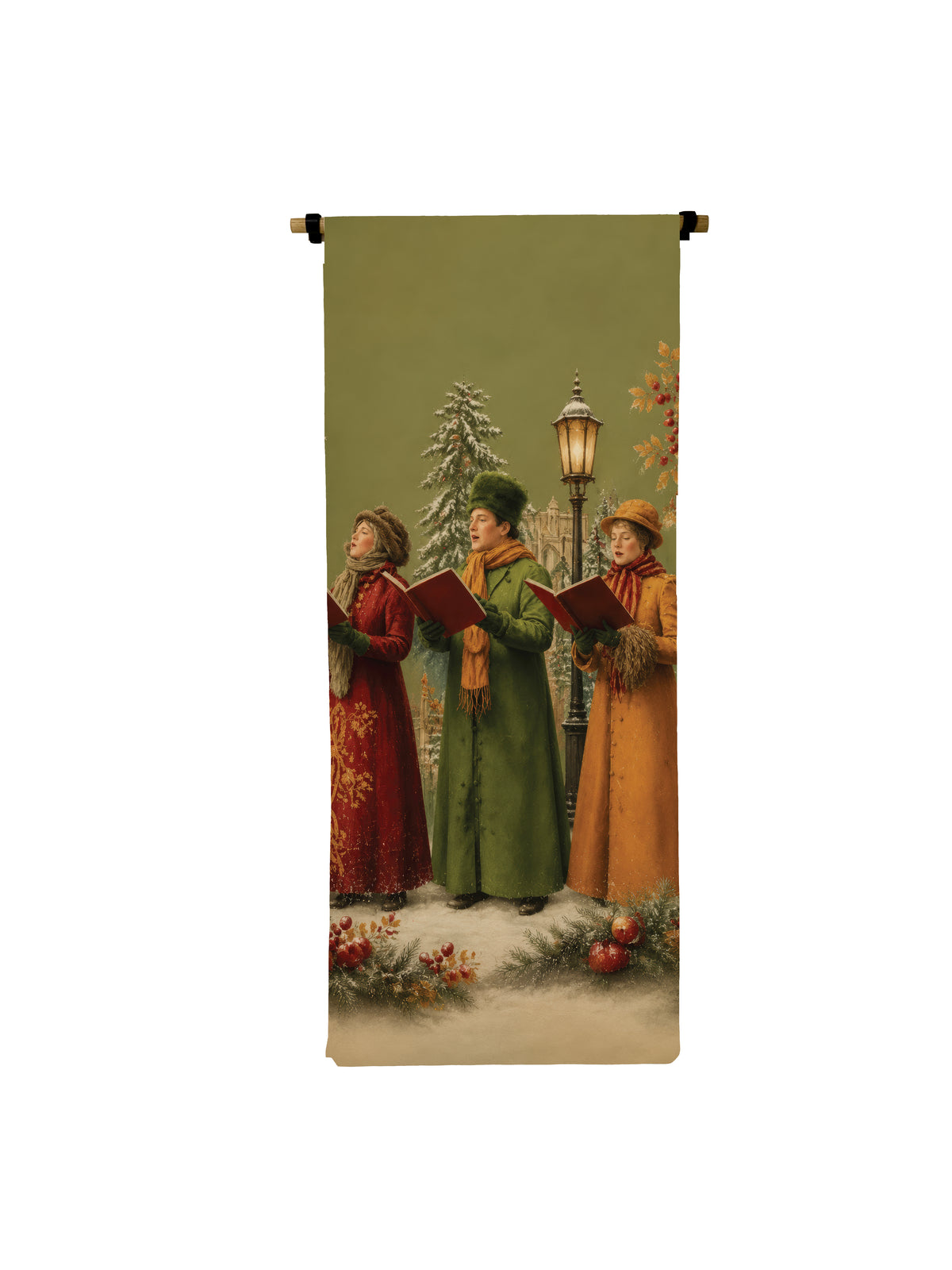 Canvas scroll featuring three Victorian carollers singing in a snowy scene with a street lamp.