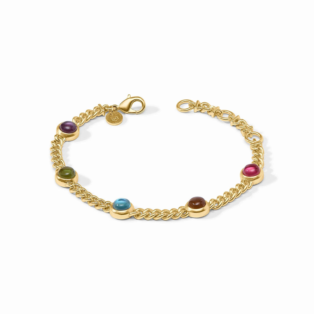 Gold chain Dolce Delicate Bracelet with five colorful round gemstones and a lobster clasp.