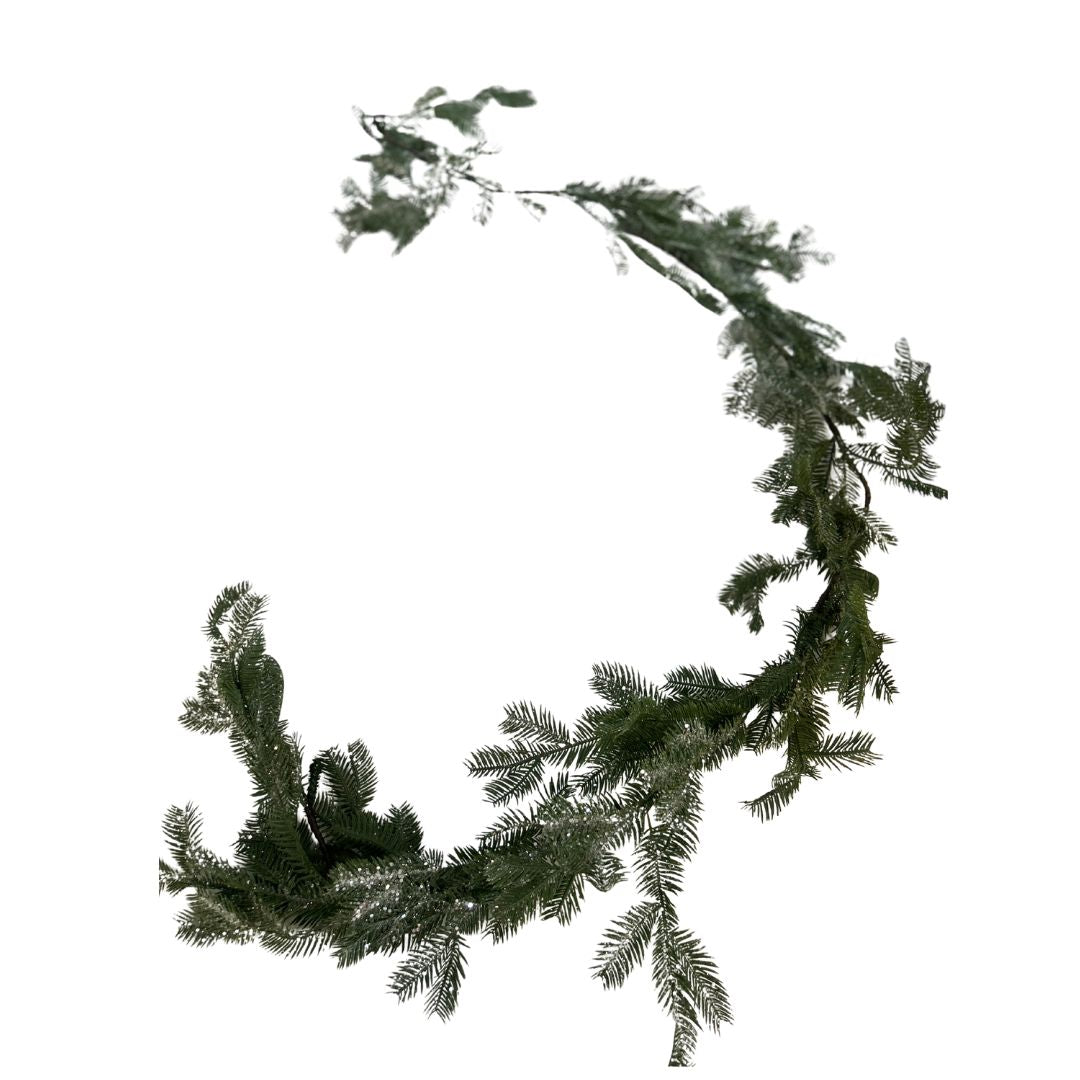 6-foot green pine garland with subtle glitter accents, curved against a white background.