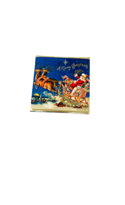 Small soap bar with vintage illustration of Santa in a reindeer-drawn sleigh over a snowy village.