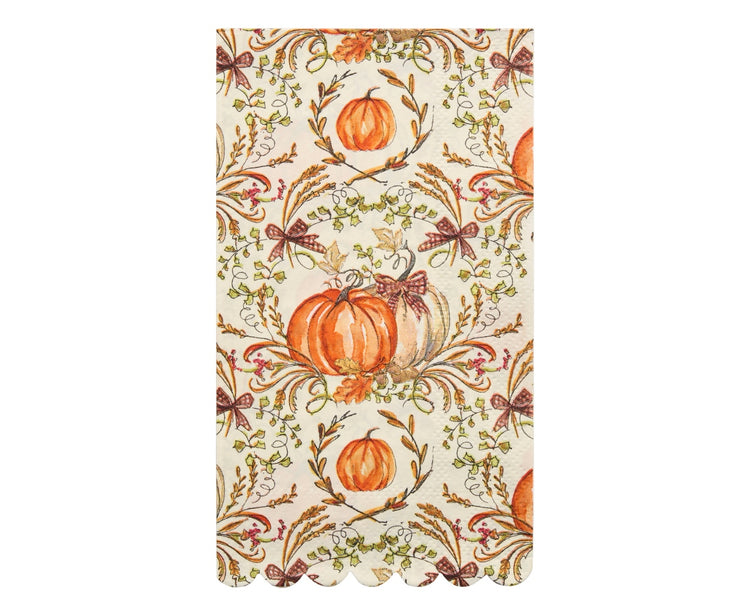 Turkey & Gourds Guest Towel featuring orange pumpkins, autumn leaves, and bows on a cream background.