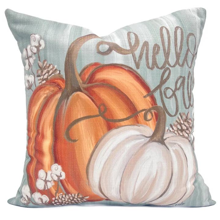 Aqua Pumpkin square indoor pillow with envelope closure featuring a feather fiber blend insert.