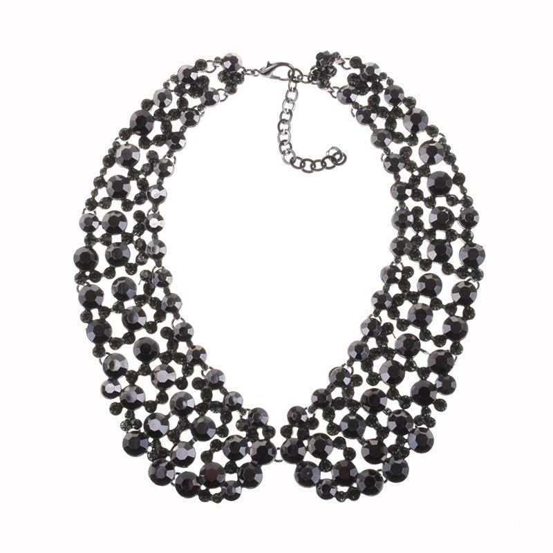 Exaggerated black glass crystal rhinestone collarbone chain necklace with a lobster clasp.