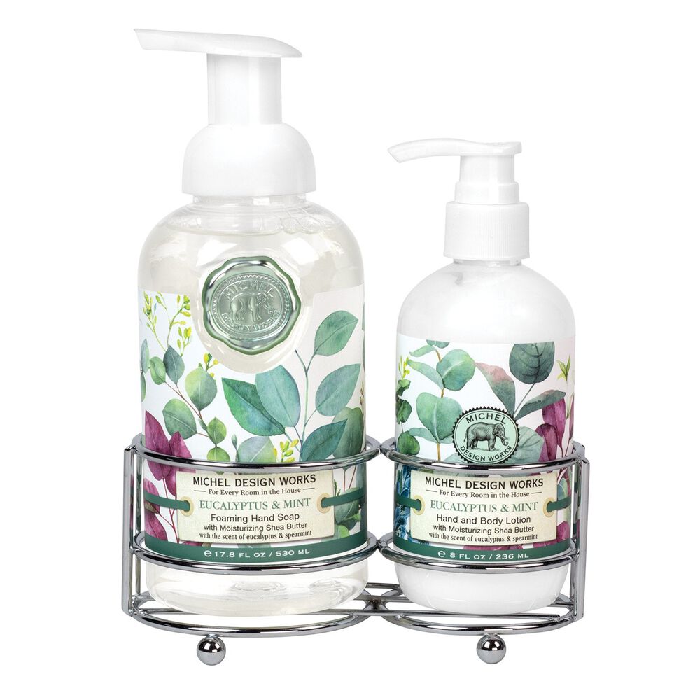 Foaming hand soap dispenser with pump next to a matching lotion bottle in neutral tones.