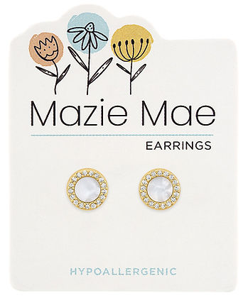 Gold Mother of Pearl Halo Stud Earrings on a Mazie Mae hypoallergenic display card.