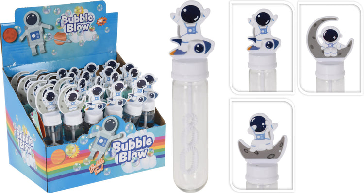 Space-themed bubble wand with three varying hole sizes in a black cylindrical container.