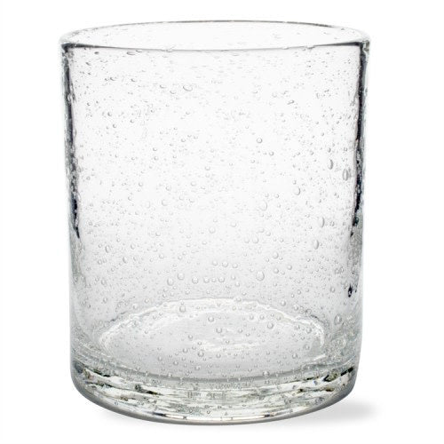 Handcrafted clear blown glass double old fashioned tumbler with miniature floating bubbles inside.